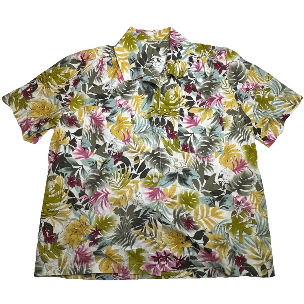 Tropical Botanical‎ Leaf Print Short Sleeve Button Up Camp Shirt Multi Color L